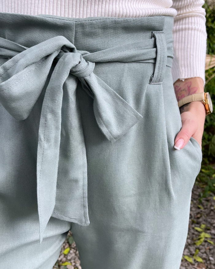 Linen Paperbag Styled Pants - Sage