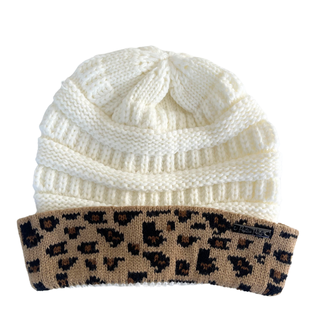 Woolen Beanies - White Leopard Print Full Beanie